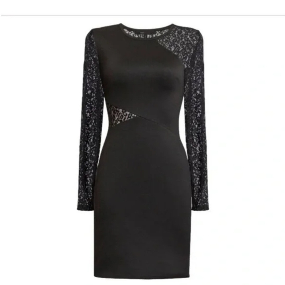 BCBG MAXAZRIA Elegant Black Cocktail Dress with Lace Sleeves